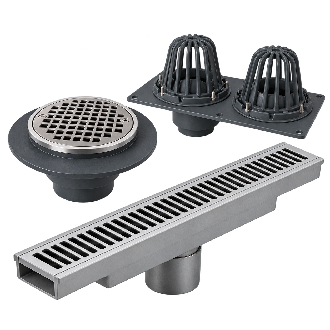 Roof drain assembly, round floor drain and linear drainage channel