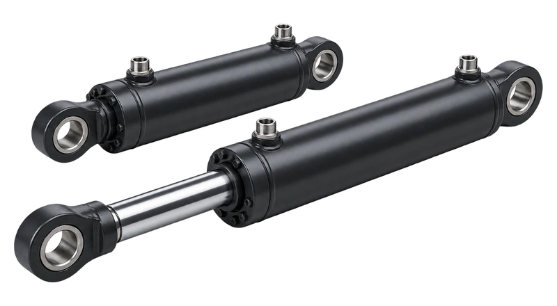 Black eye-mounted hydraulic cylinders with a chrome piston rod