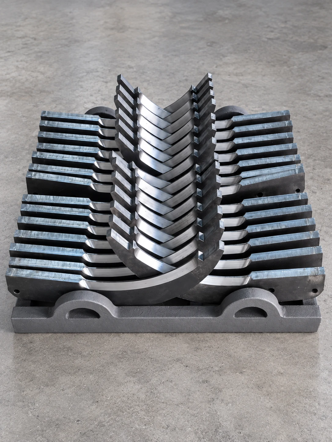 Stacked metal components showing curved machined surfaces and fixing holes
