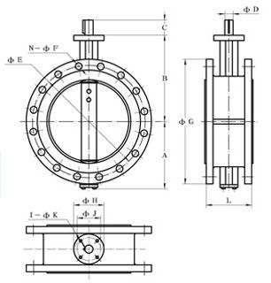 Flanged butterfly valve original engineering drawing showing front, side and mounting views