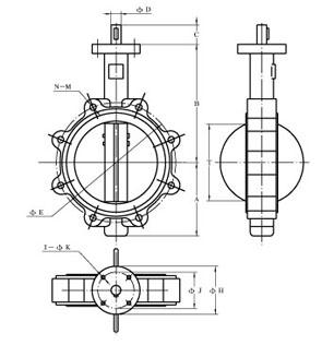 Lug butterfly valve original engineering drawing showing front, side and mounting views