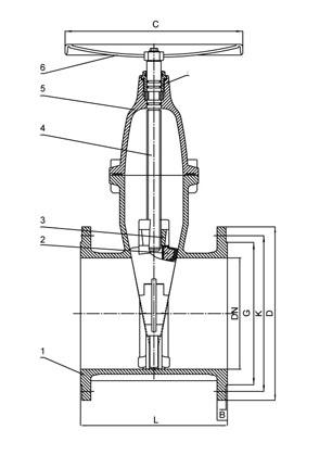 Gate valve original sectional drawing with component numbers and dimensions L, C, D, K, G and B