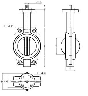Wafer butterfly valve original engineering drawing showing front, side and mounting views
